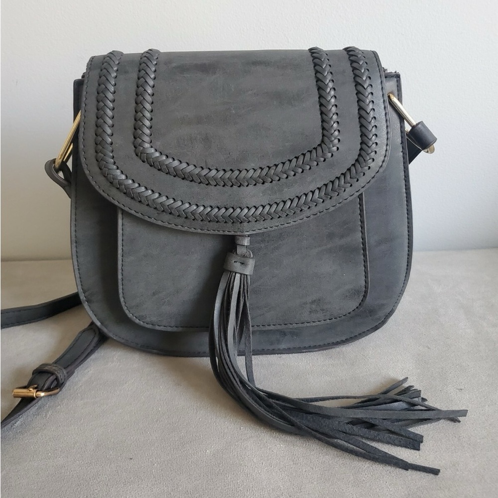 Franco Sarto Rex Tassel Saddle Charcoal Braided Crossbody Purse